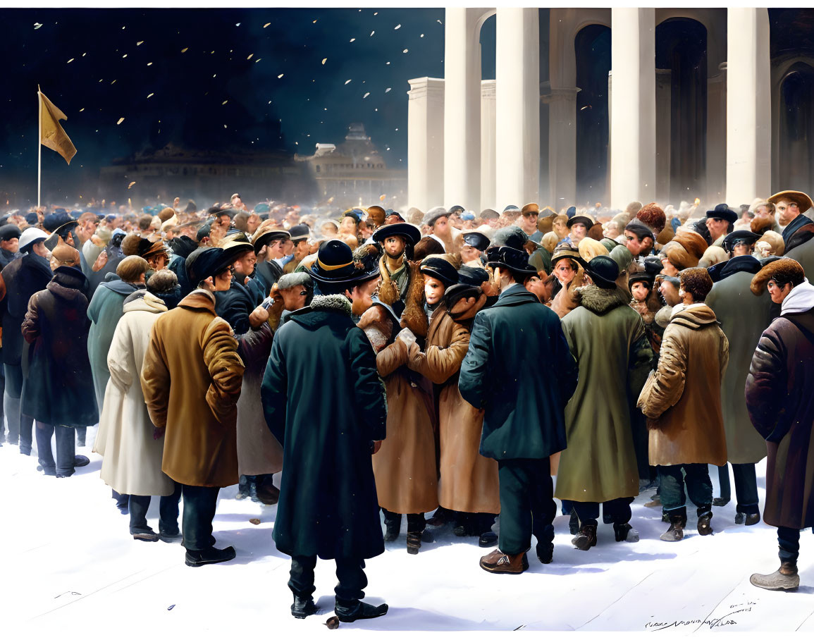 Crowd in winter attire conversing in snowfall near building with large pillars