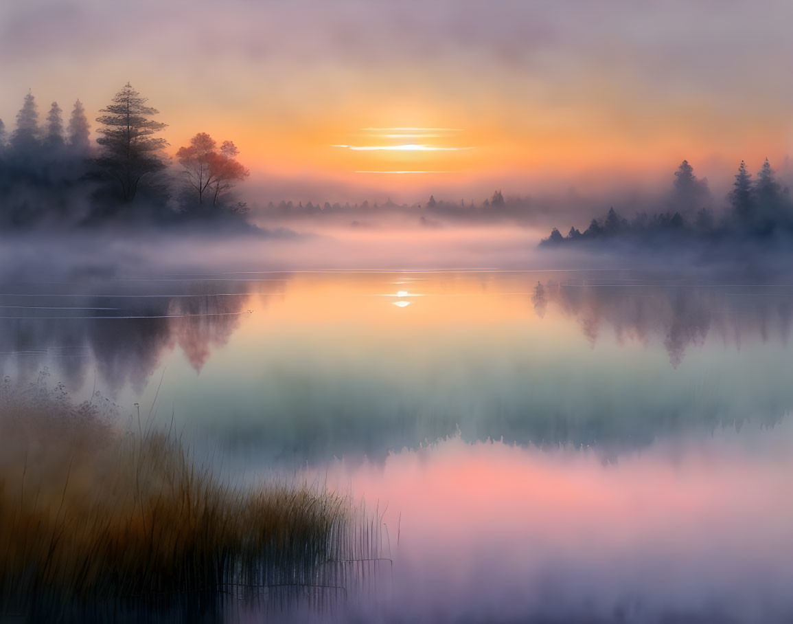 Tranquil sunrise scene over misty lake with warm sun glow, reflected water, silhouet