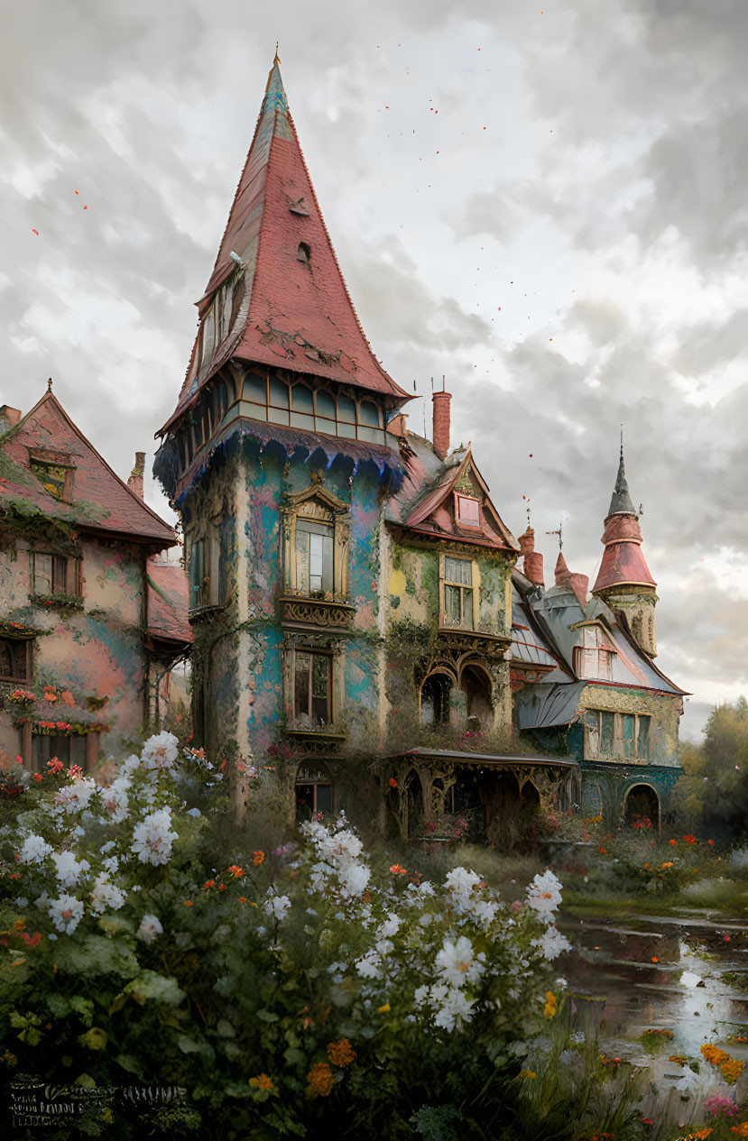 Old mansion with pointed tower surrounded by blooming flowers and overgrown foliage