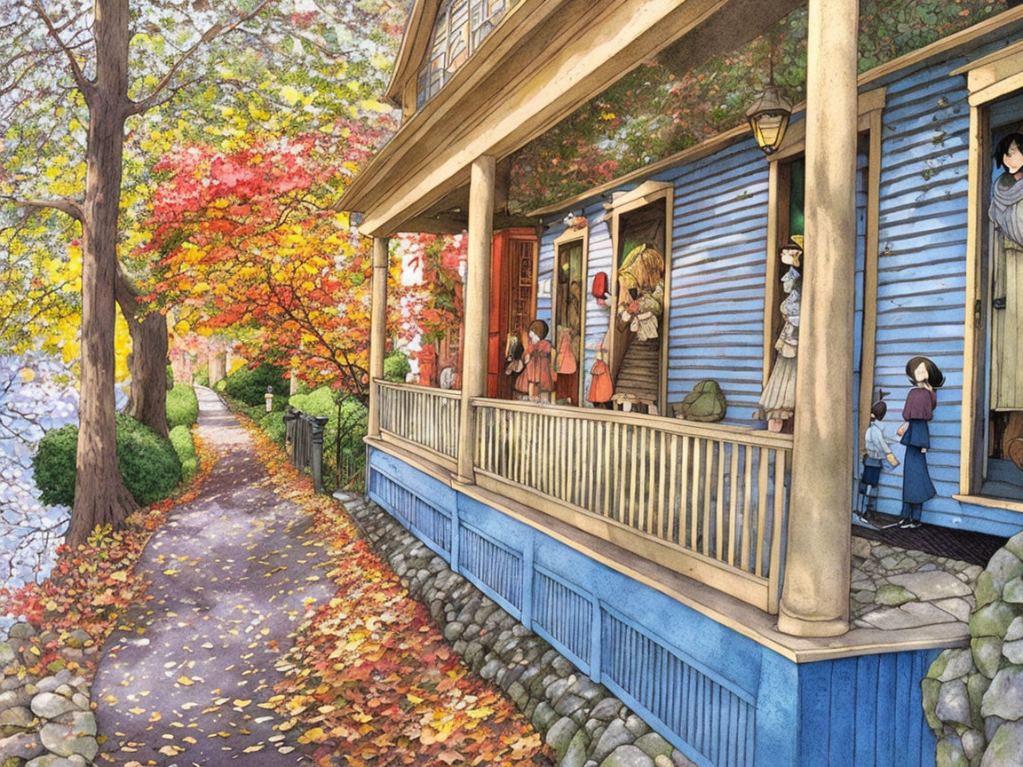 Vibrant autumn illustration of a blue house with people and fall foliage