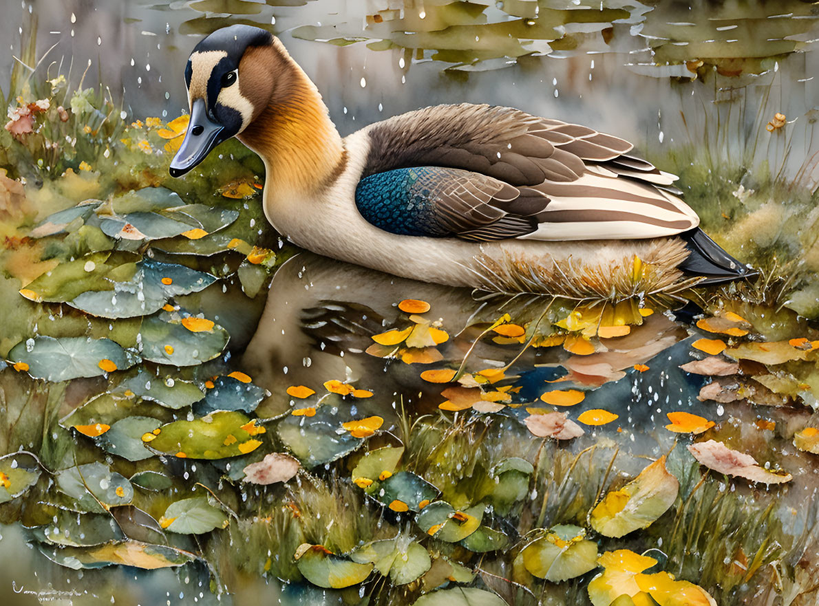 Colorful Duck Resting on Pond with Lily Pads and Autumn Leaves