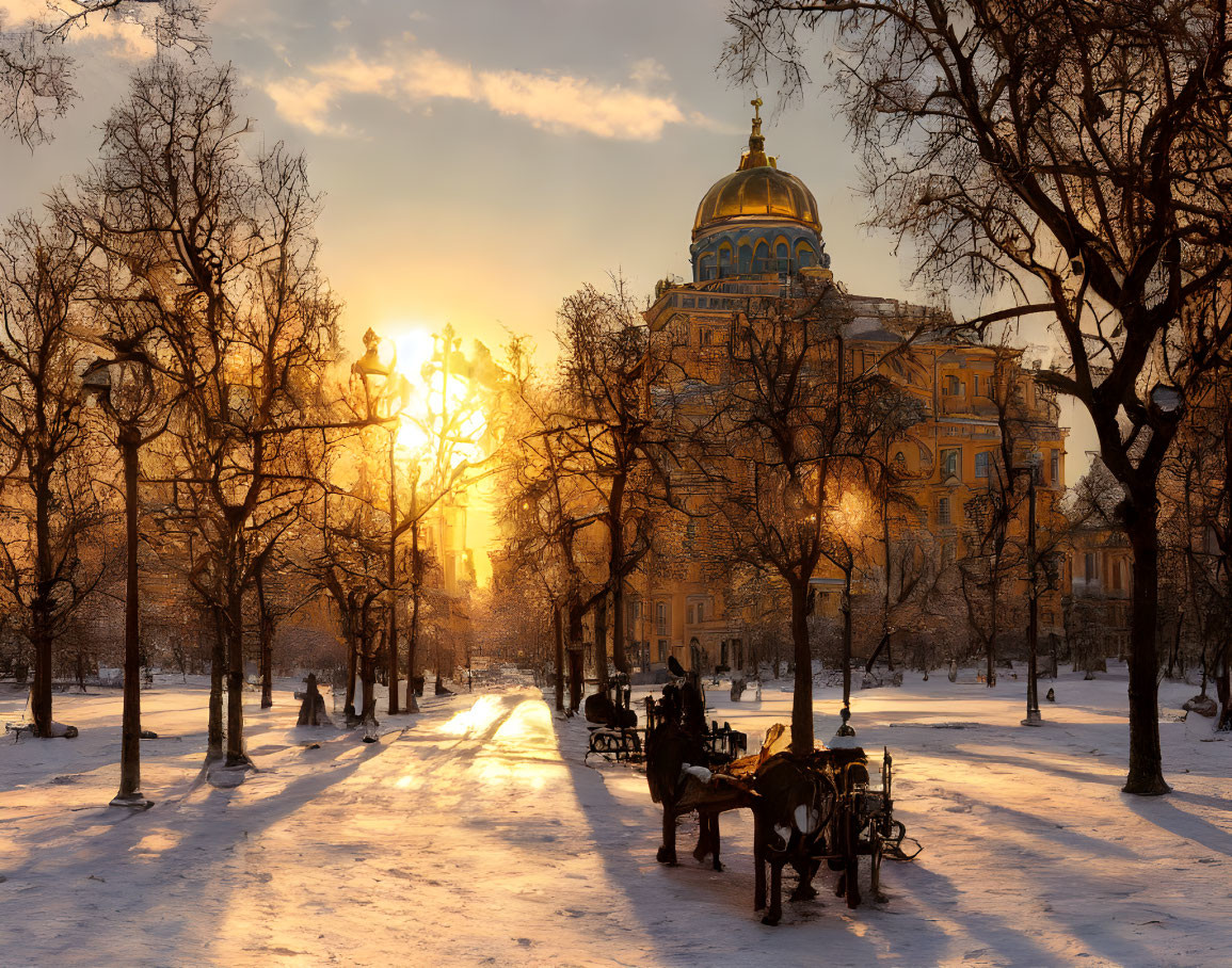 Snowy park at sunset with cathedral and benches