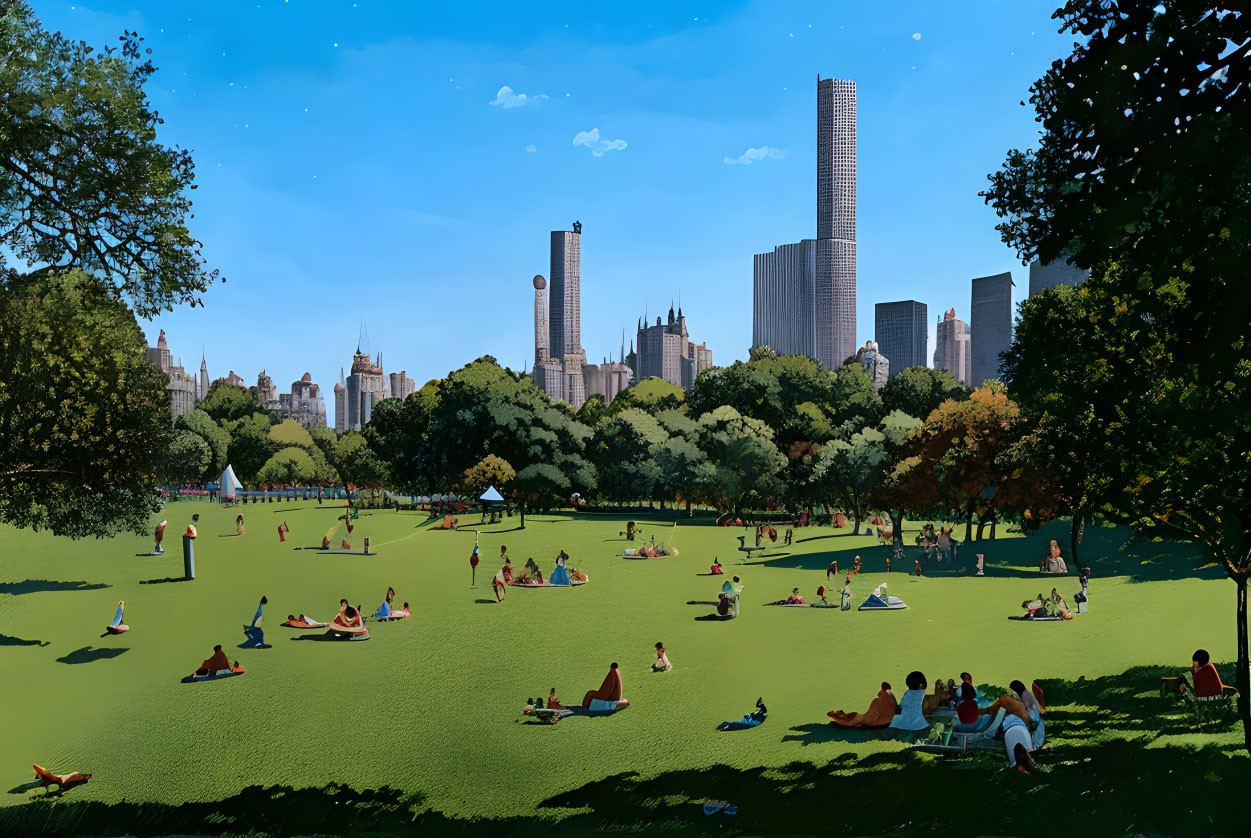 City park scene with people relaxing on grass, tall buildings, and blue sky.