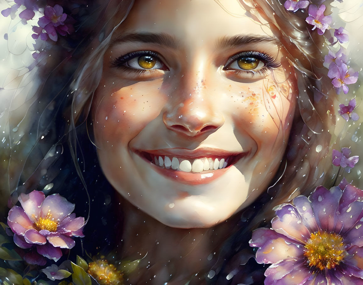 Smiling woman with freckles in digital painting among purple flowers