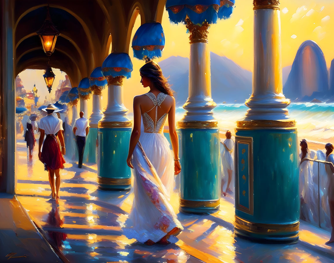 Woman in white dress strolling on sunlit promenade with columns overlooking beach.