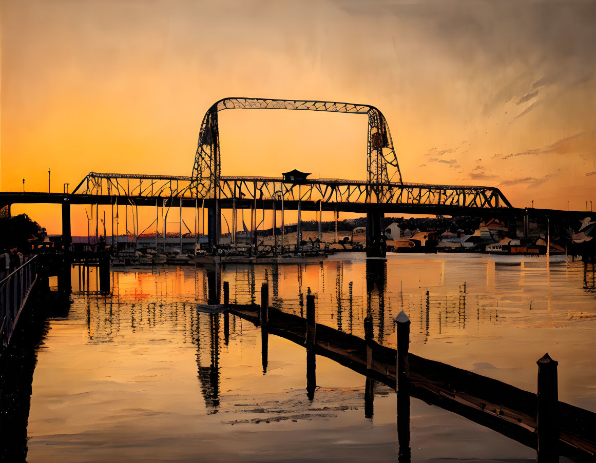 Tall Arch Bridge Silhouette at Sunset Over Tranquil Water