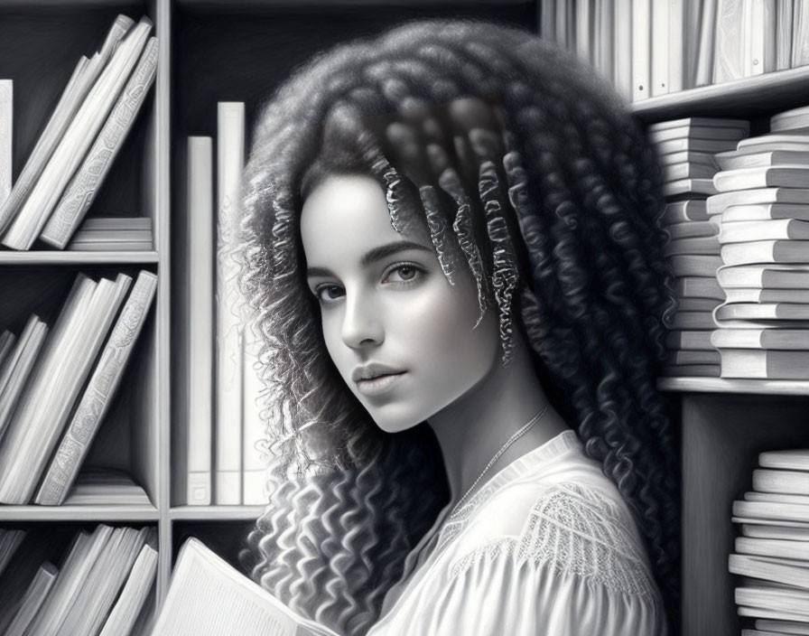 Monochromatic image: Young woman with curly hair reading book surrounded by shelves