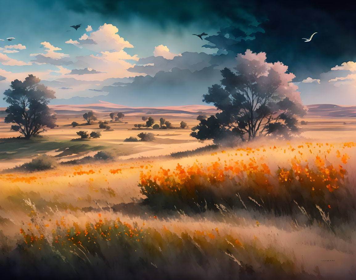 Tranquil landscape with golden wildflowers, tree, birds, and rolling hills