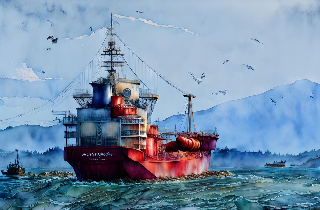 Colorful Illustration of Red Ship at Sea with Seagulls and Misty Mountains