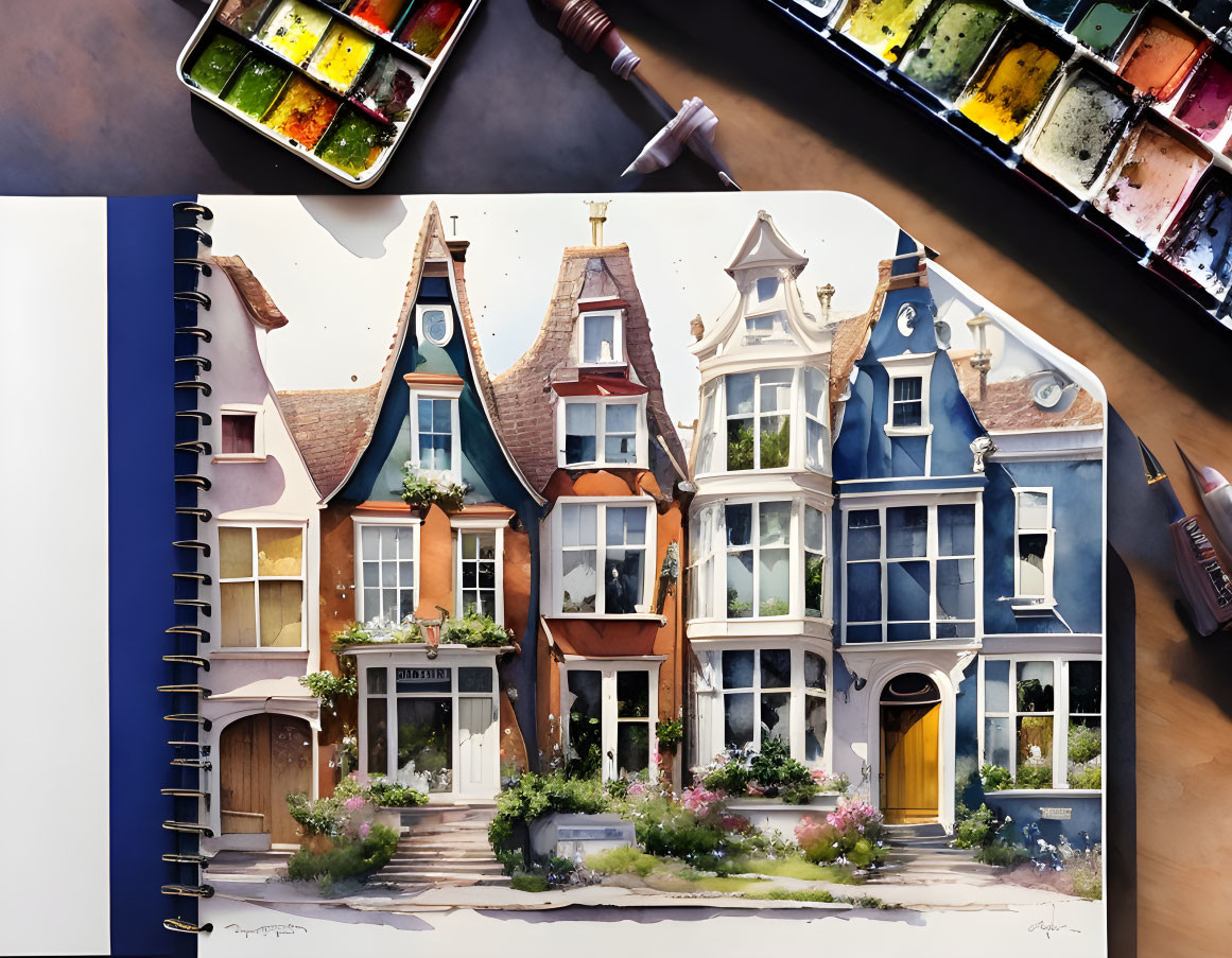 Colorful European-style houses watercolor painting with palette and paintbrushes