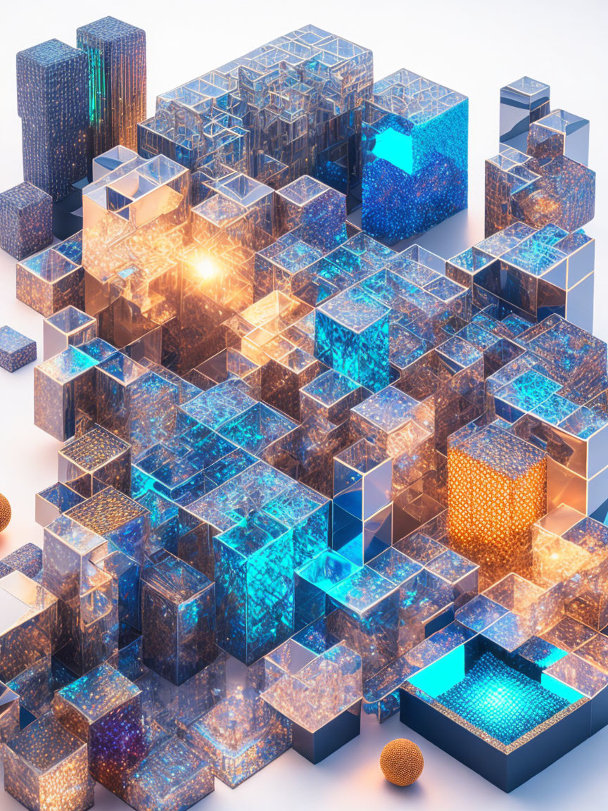 Glowing geometric cityscape with translucent blue and orange buildings