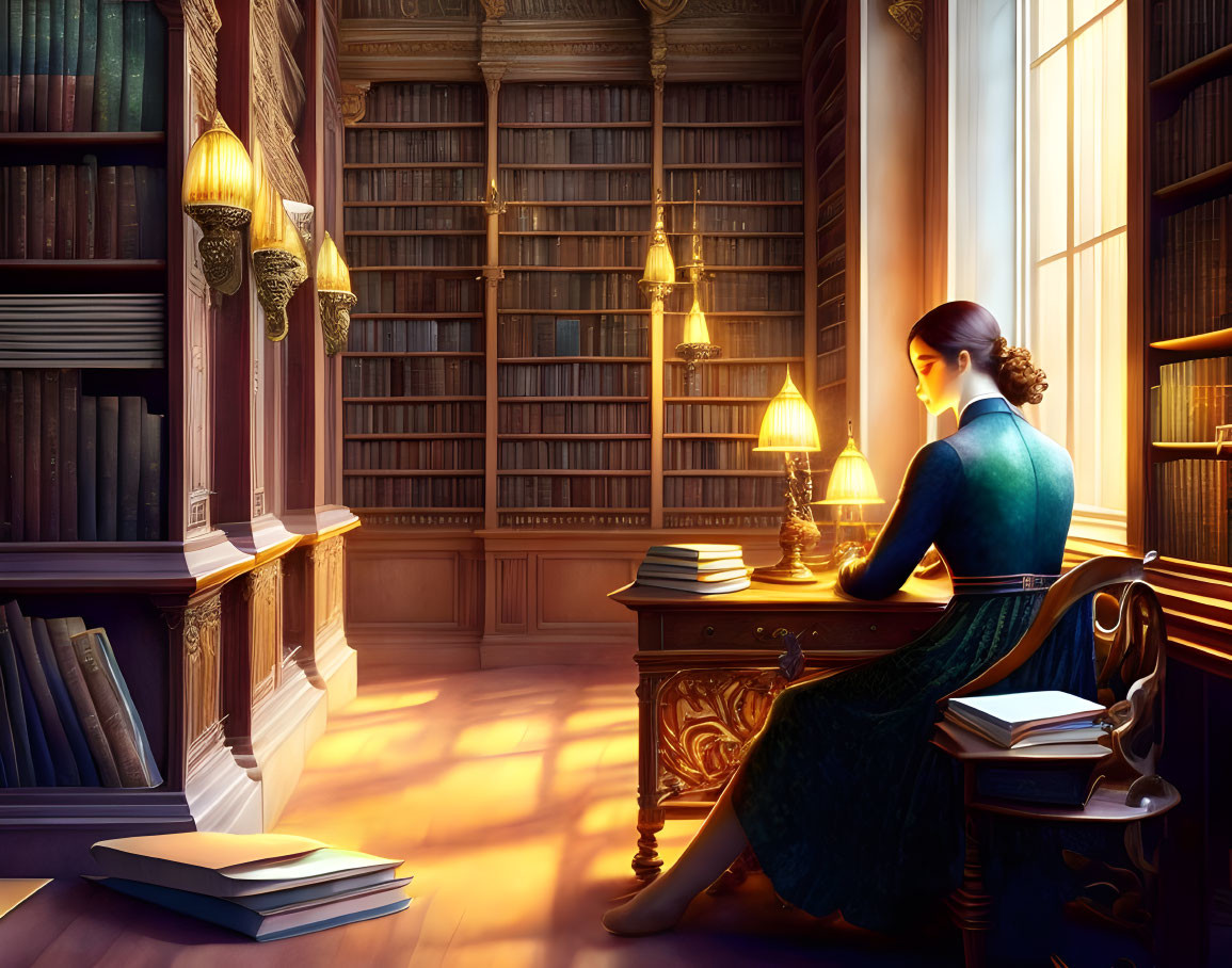 Woman in Blue Dress Reading Book in Cozy Library