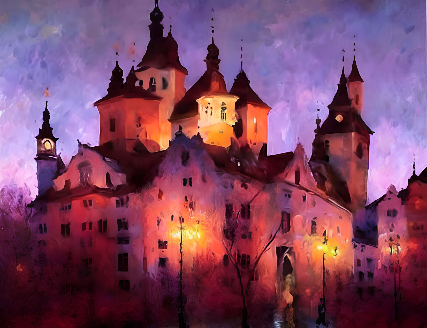 Illuminated castle painting at dusk with purple-clouded sky