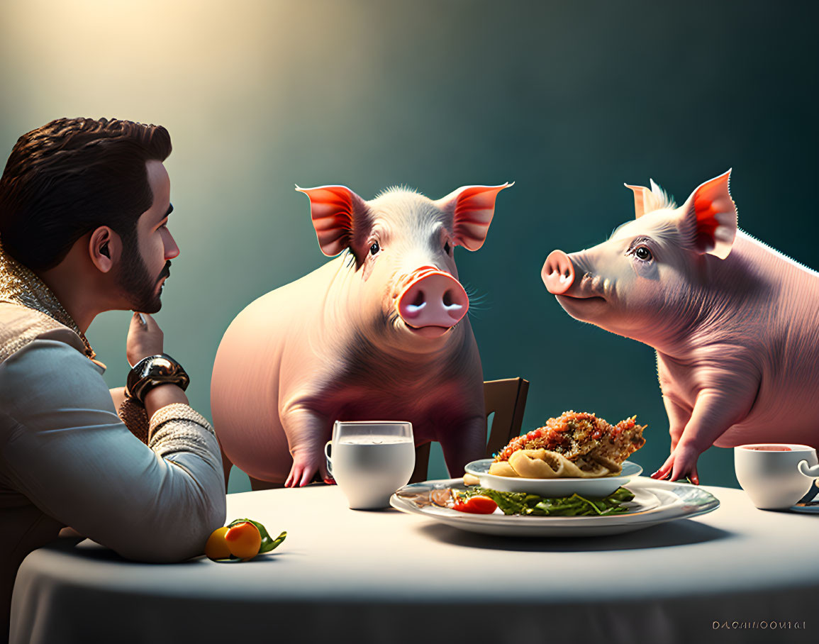 Man Sitting at Table with Two Pigs, Food, and Coffee in Dimly Lit Setting