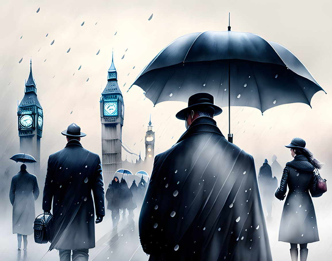 Cityscape illustration: People with umbrellas near Big Ben on rainy day