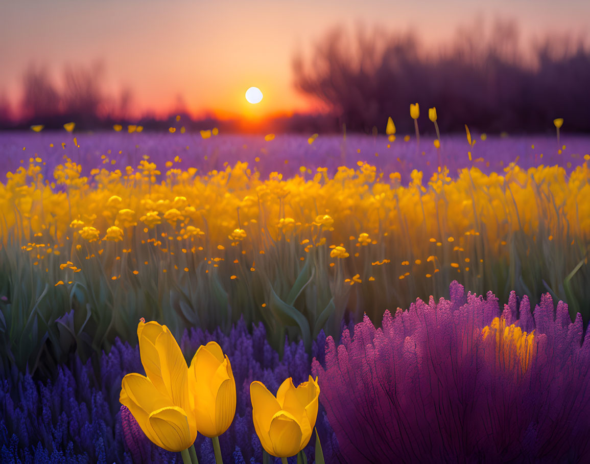 Colorful Field of Yellow and Purple Flowers at Sunset