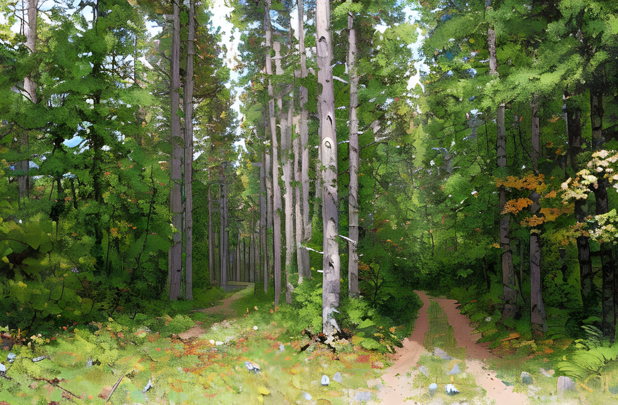 Serene forest landscape with tall trees, lush greenery, winding trail, and dappled sunlight