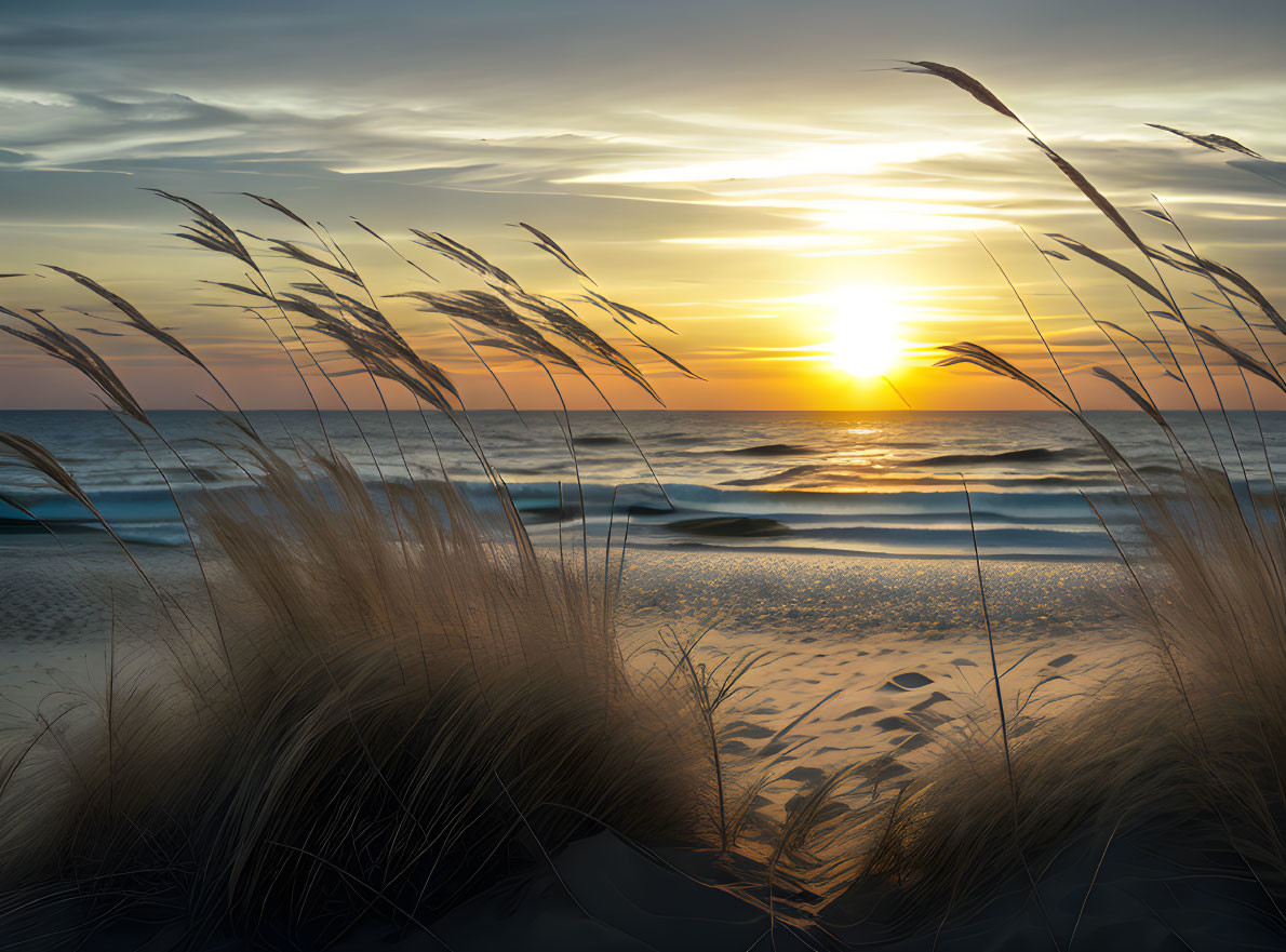 Tranquil beach sunset with golden hues and tall grass silhouette.