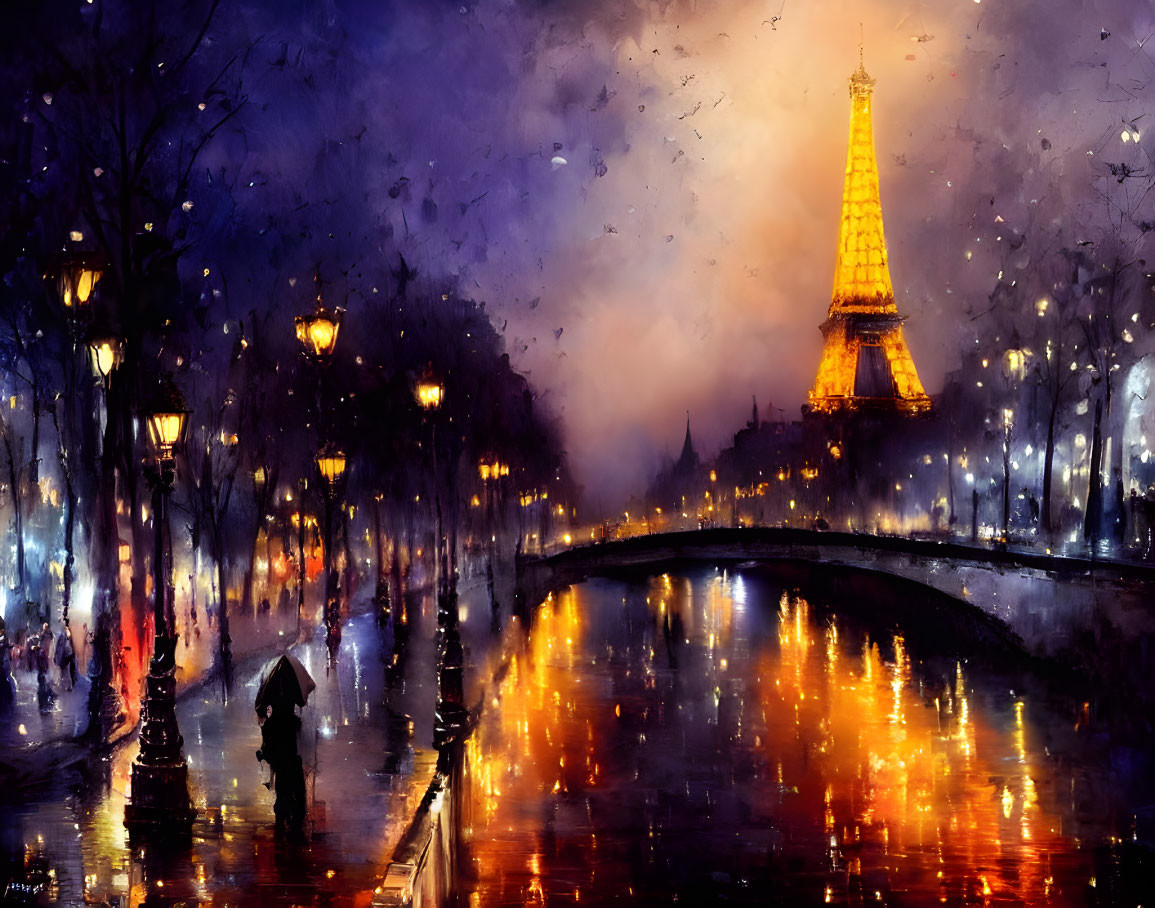 Rainy Evening in Paris: Eiffel Tower, Streetlights, and Solitary Figure