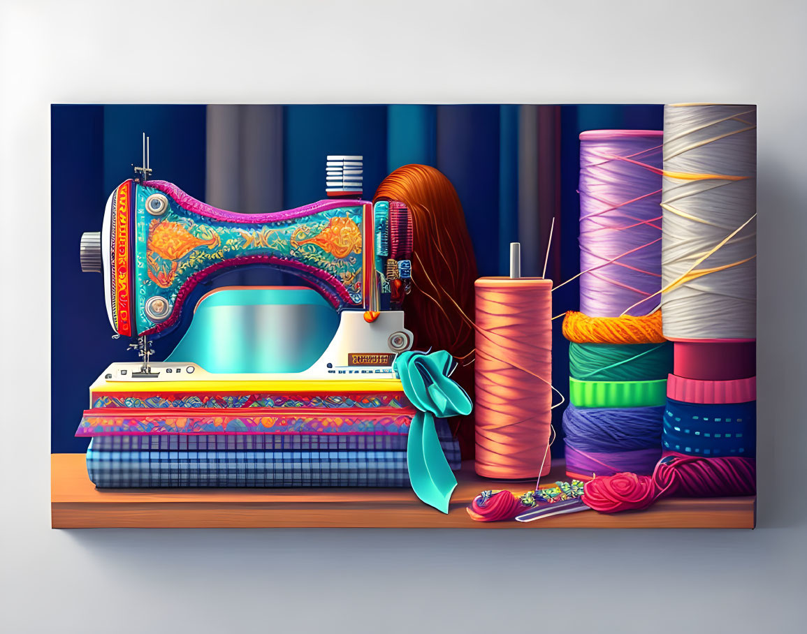 Vibrant Sewing Machine Illustration with Thread and Scissors