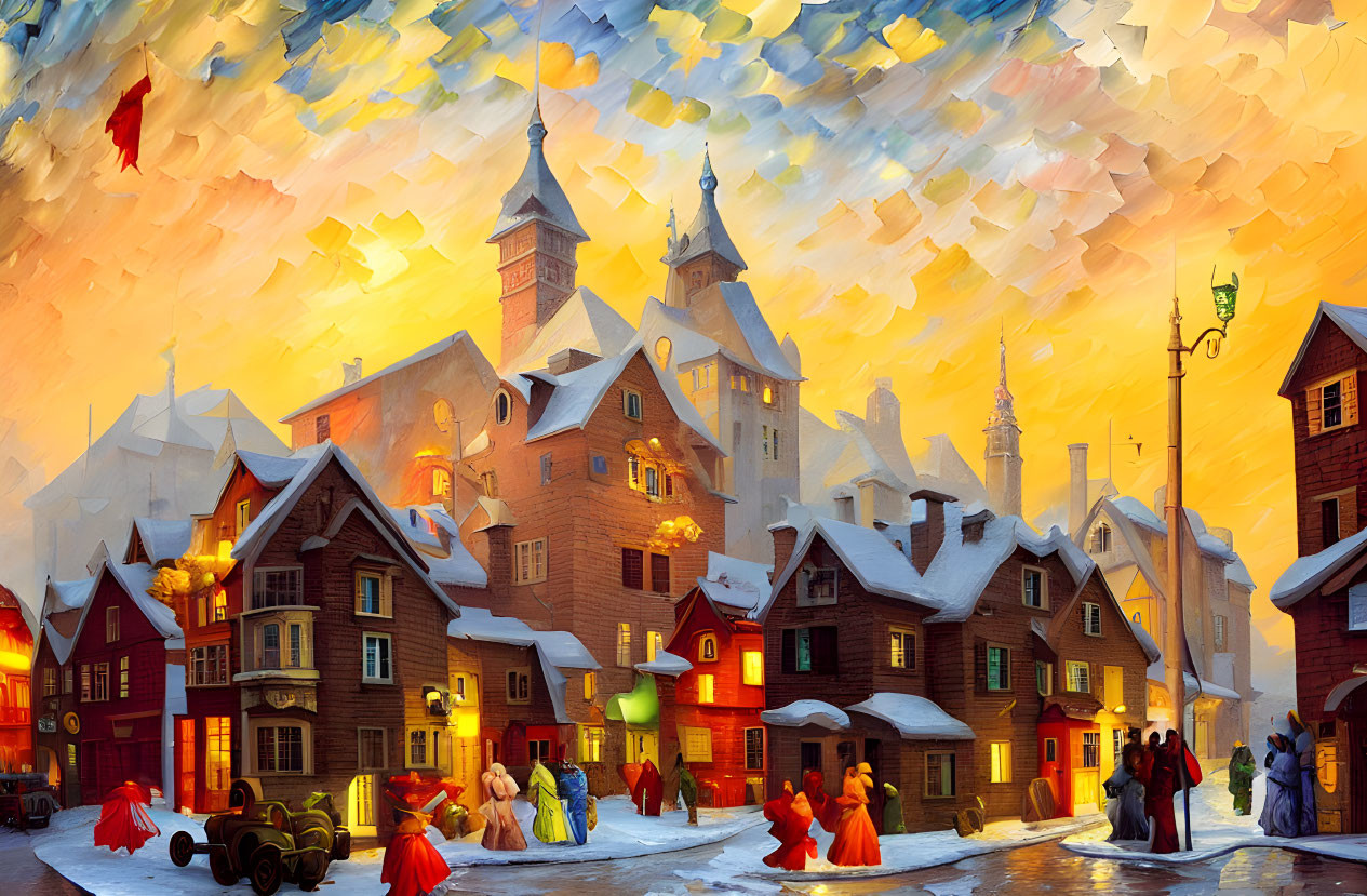 Snowy town square painting with bustling figures and ornate buildings