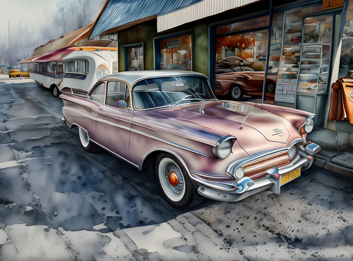 Vintage purple and white car parked on wet street with reflections.