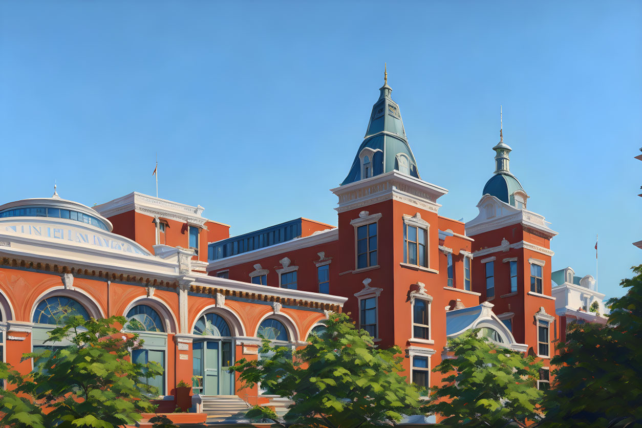 Classic red-brick building with ornate towers against blue sky