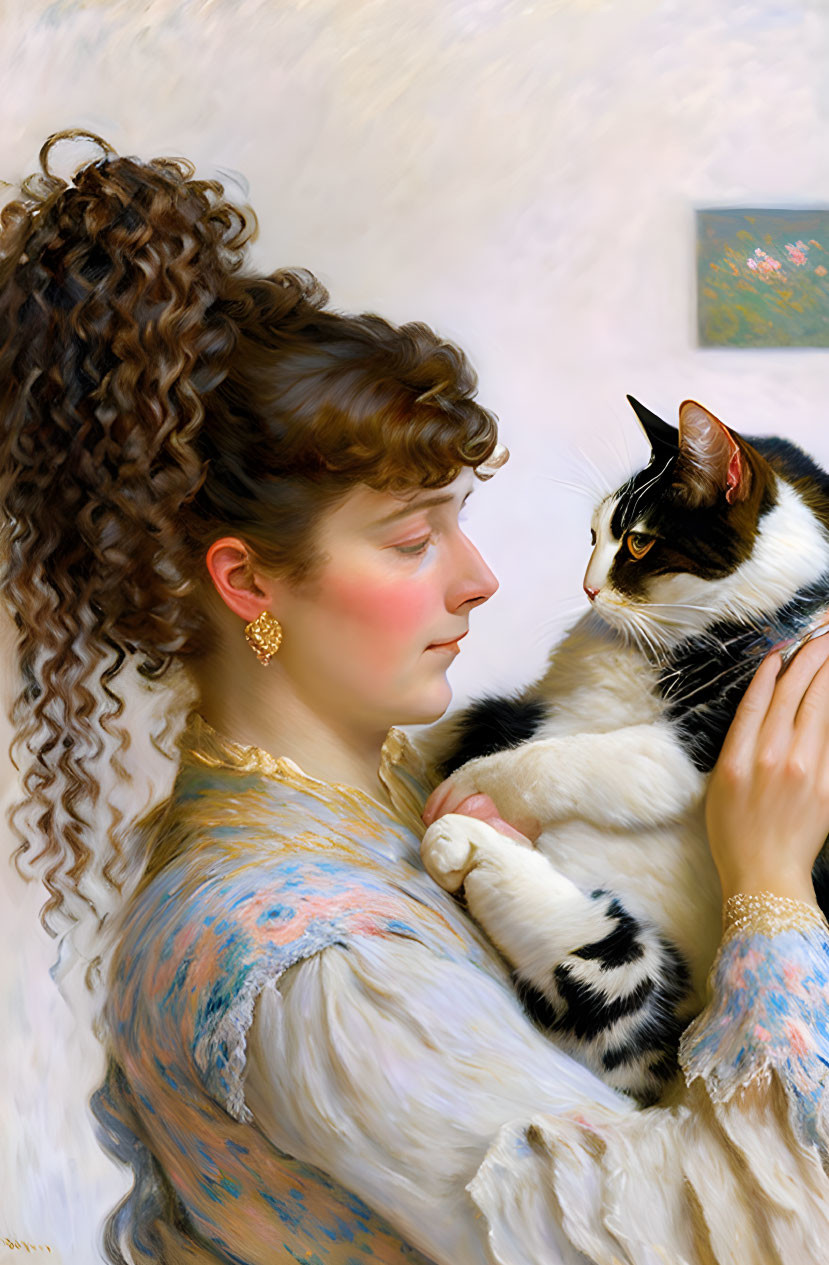 Curly-Haired Woman in Lace Dress Holding Black and White Cat