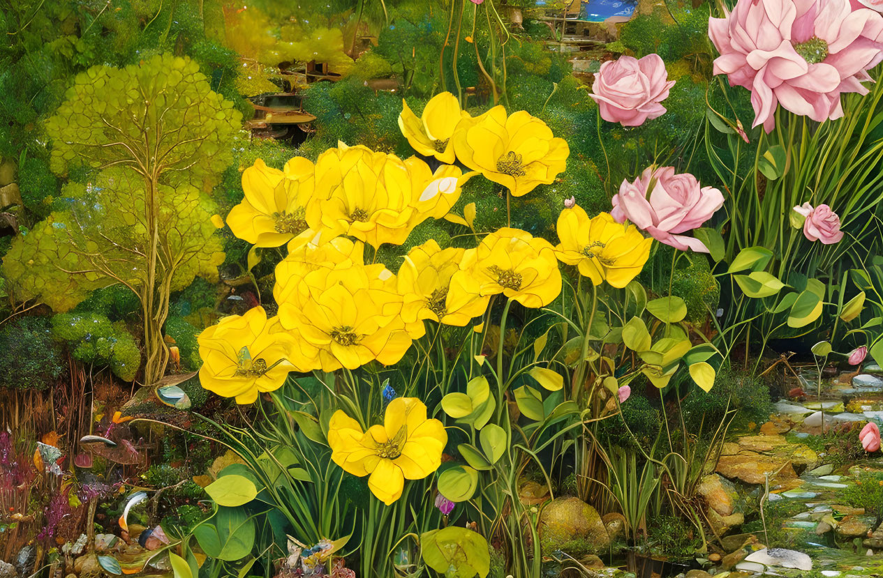 Colorful floral scene with yellow and pink flowers, green foliage, and water feature.