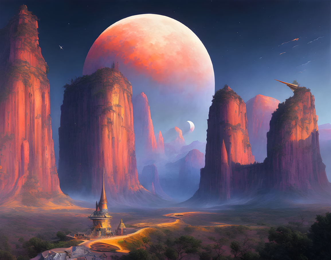 Fantasy landscape with rocky spires, moon, castle, and winding path