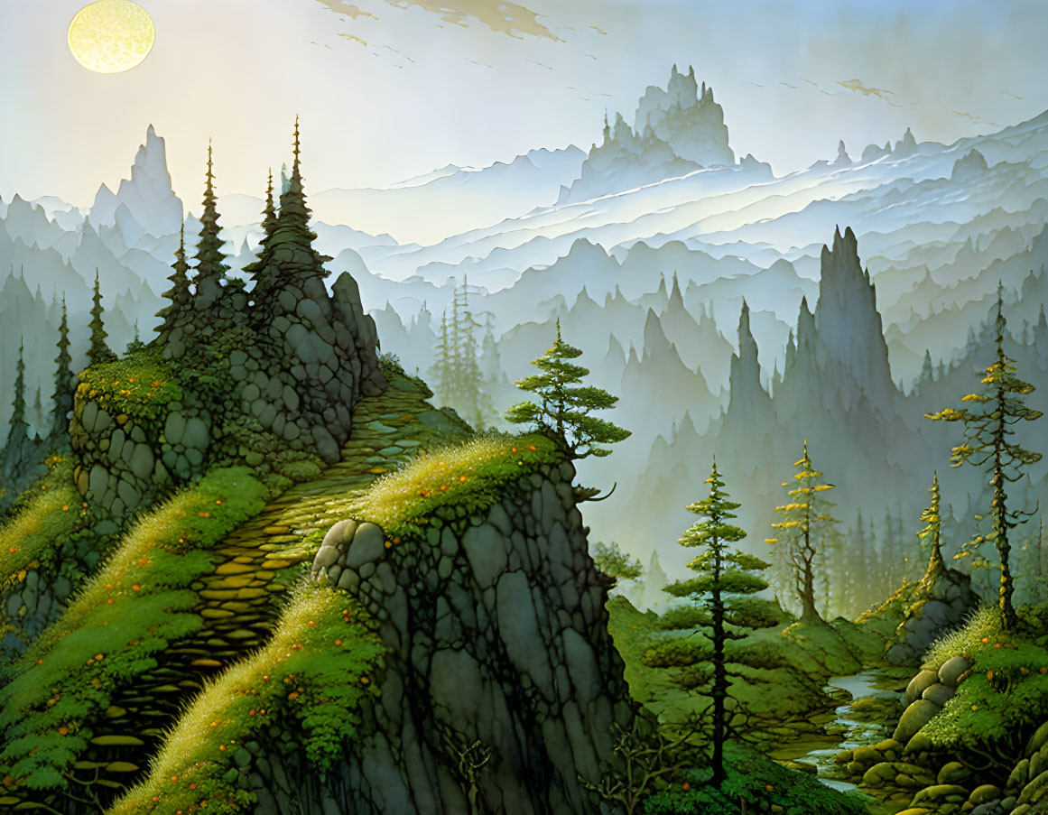 Fantastical landscape with stone path, lush greenery, towering trees, misty mountains