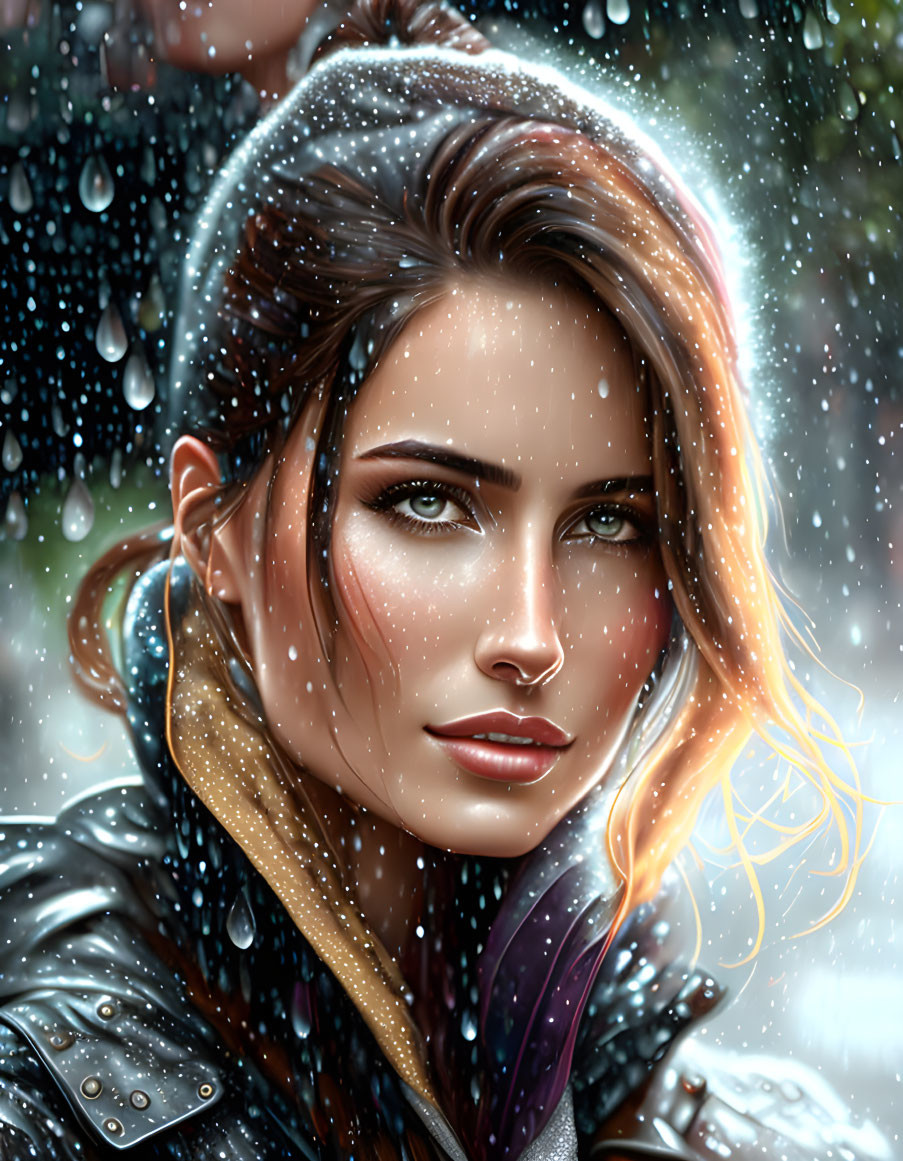 Digital artwork of a woman with striking gaze, adorned with snowflakes and raindrops, against win