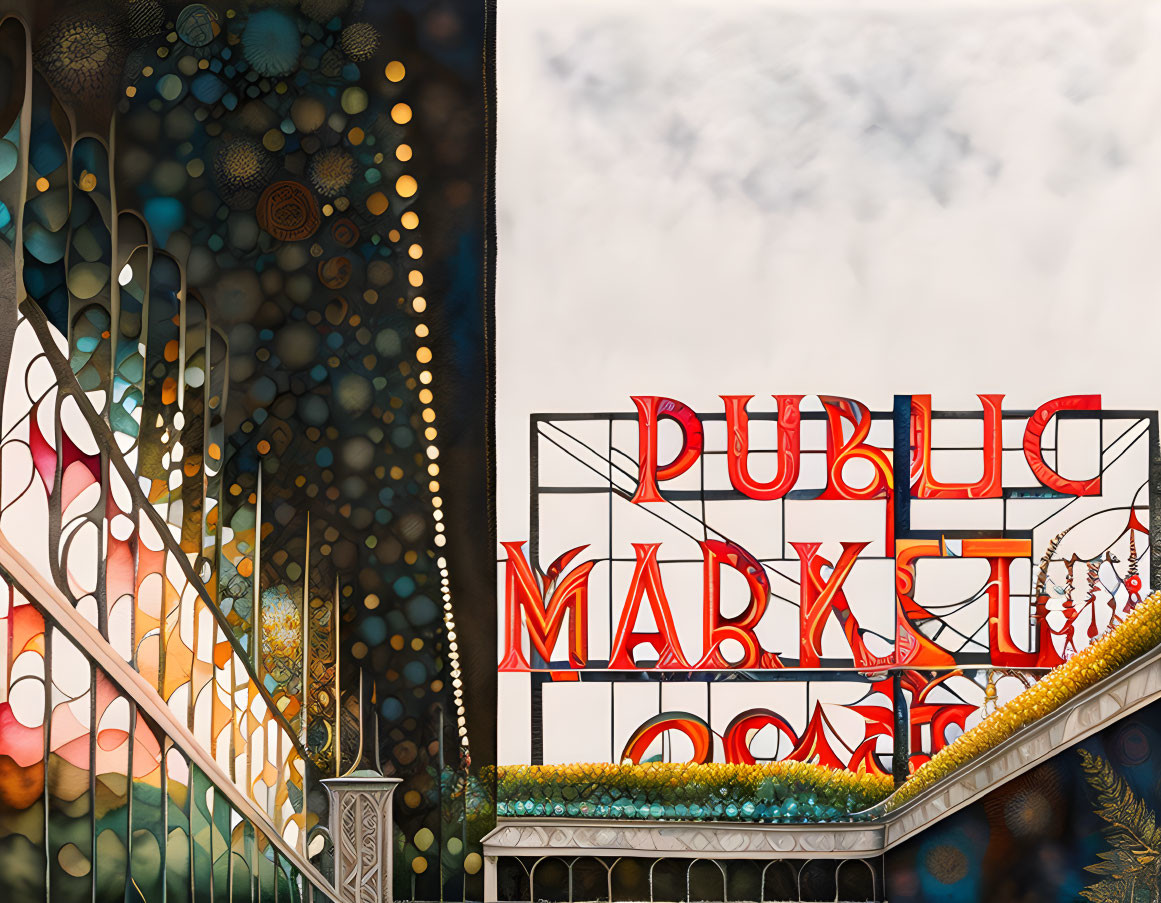 Colorful ornate staircase and "Public Market" sign against cloudy sky showcase urban contrasts.