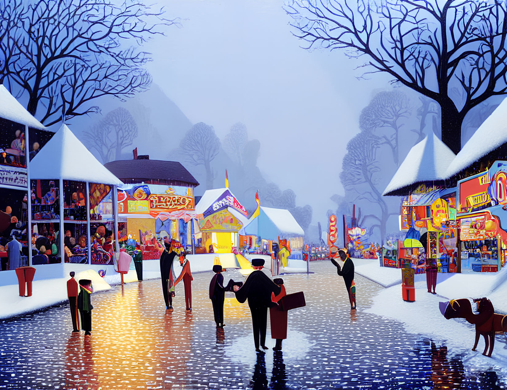 Colorful Winter Ice Skating Scene with Market Stalls and Twilight Sky