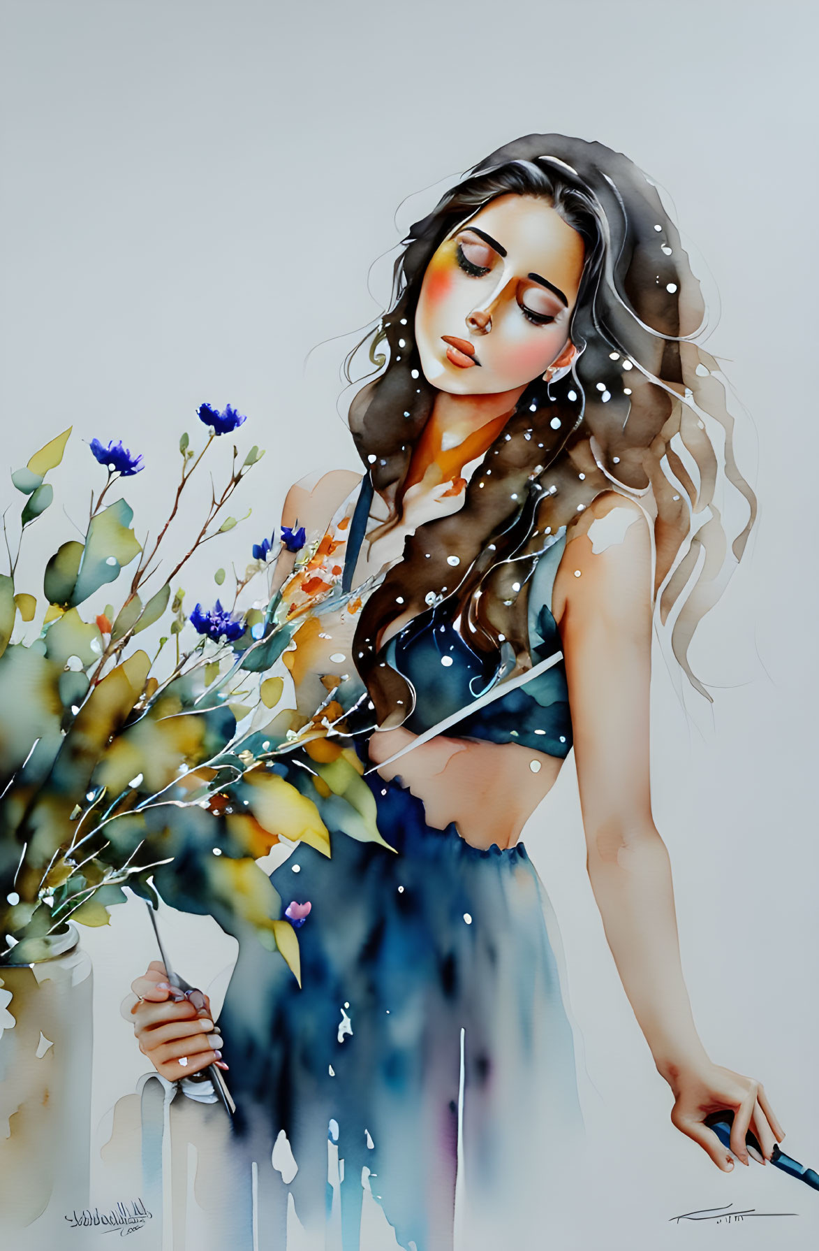 Vibrant watercolor illustration of woman with flowing hair and bouquet