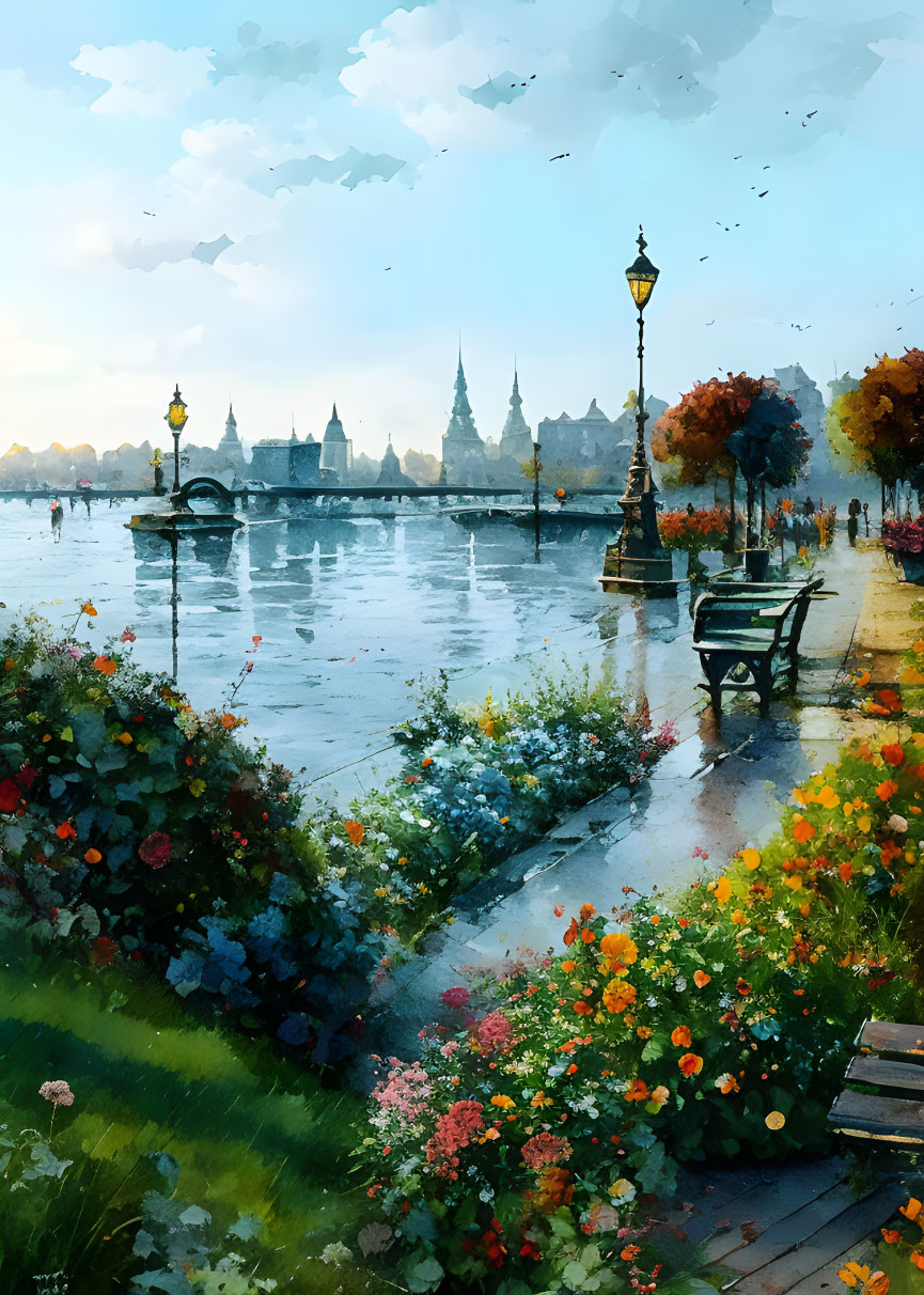 Scenic riverfront painting with flowers, bench, street lamp, and historic buildings under cloudy sky