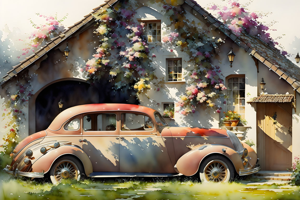 Vintage car parked by quaint cottage in lush garden landscape