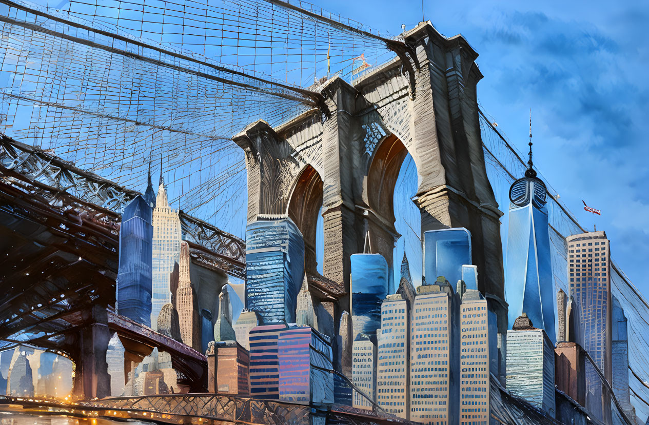 Digitally altered New York City skyline on Brooklyn Bridge background.