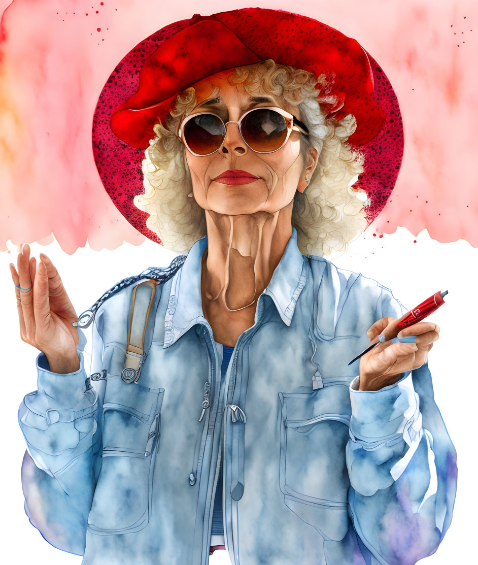 Elderly woman in red hat and sunglasses with pen on red ink splash background