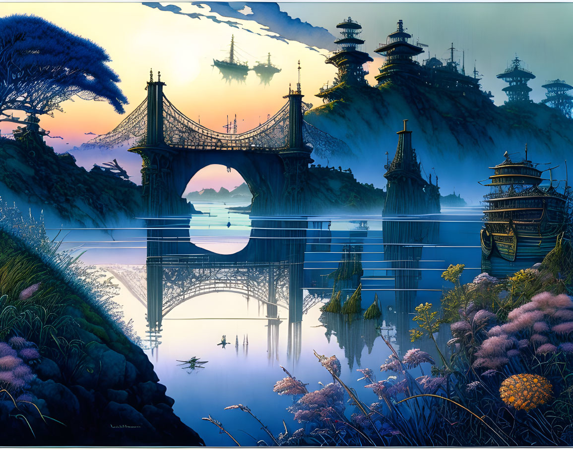 Serene fantasy landscape with ornate bridge, pagoda-style structures, ships, and vibrant sky