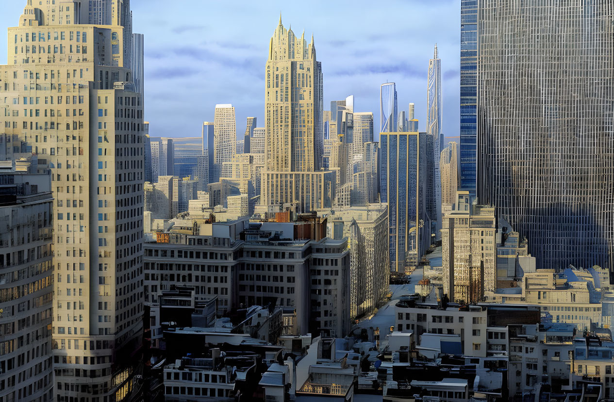 City skyline with skyscrapers under blue sky and sunlight shadows