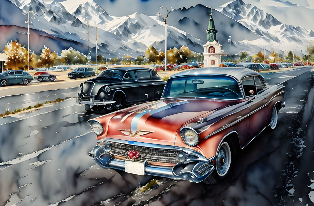 Classic cars parked on wet street near church with snowy mountain backdrop