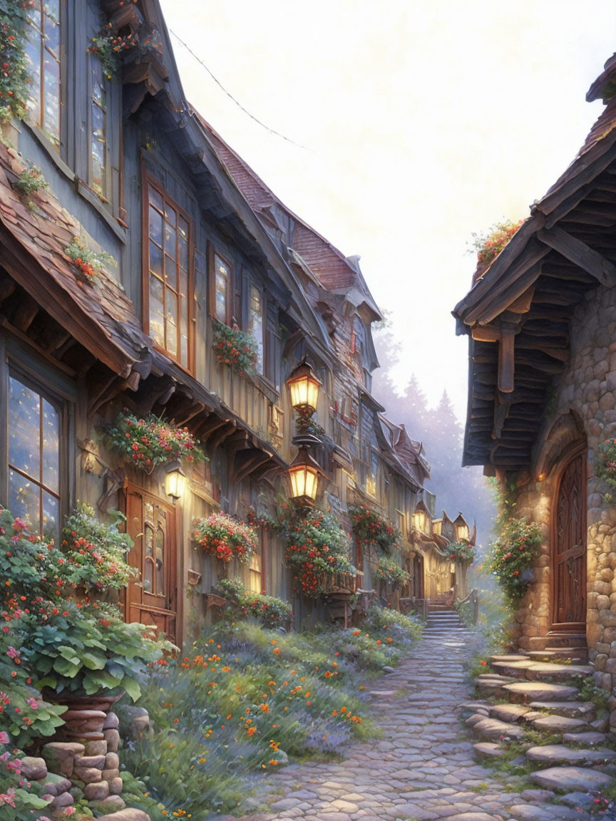 Enchanting cobblestone street with half-timbered houses at twilight