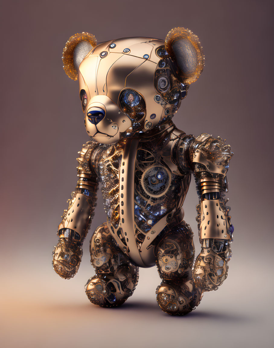 Intricate 3D-rendered mechanical teddy bear with gold and bronze gears on soft backdrop