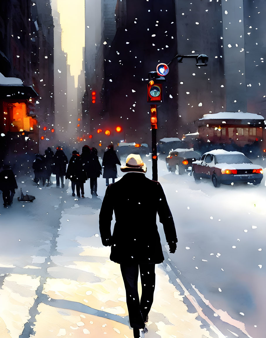 Pedestrians and cars on snow-covered street under falling snow, with city backdrop.