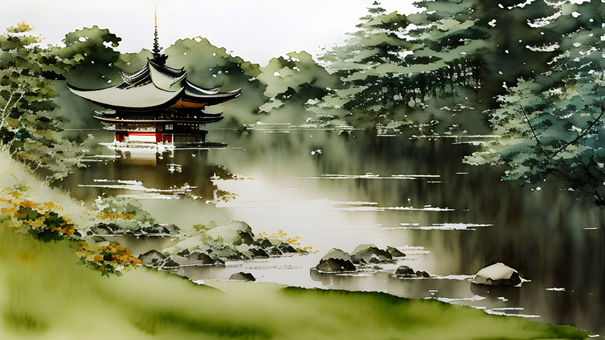 Asian Pagoda Surrounded by Lake and Greenery