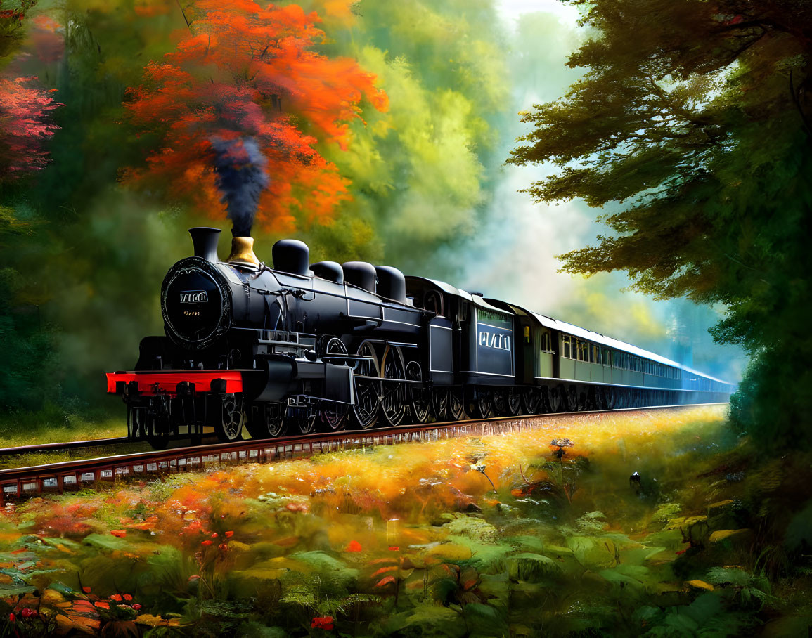 Vintage steam locomotive in vibrant autumn forest with mist