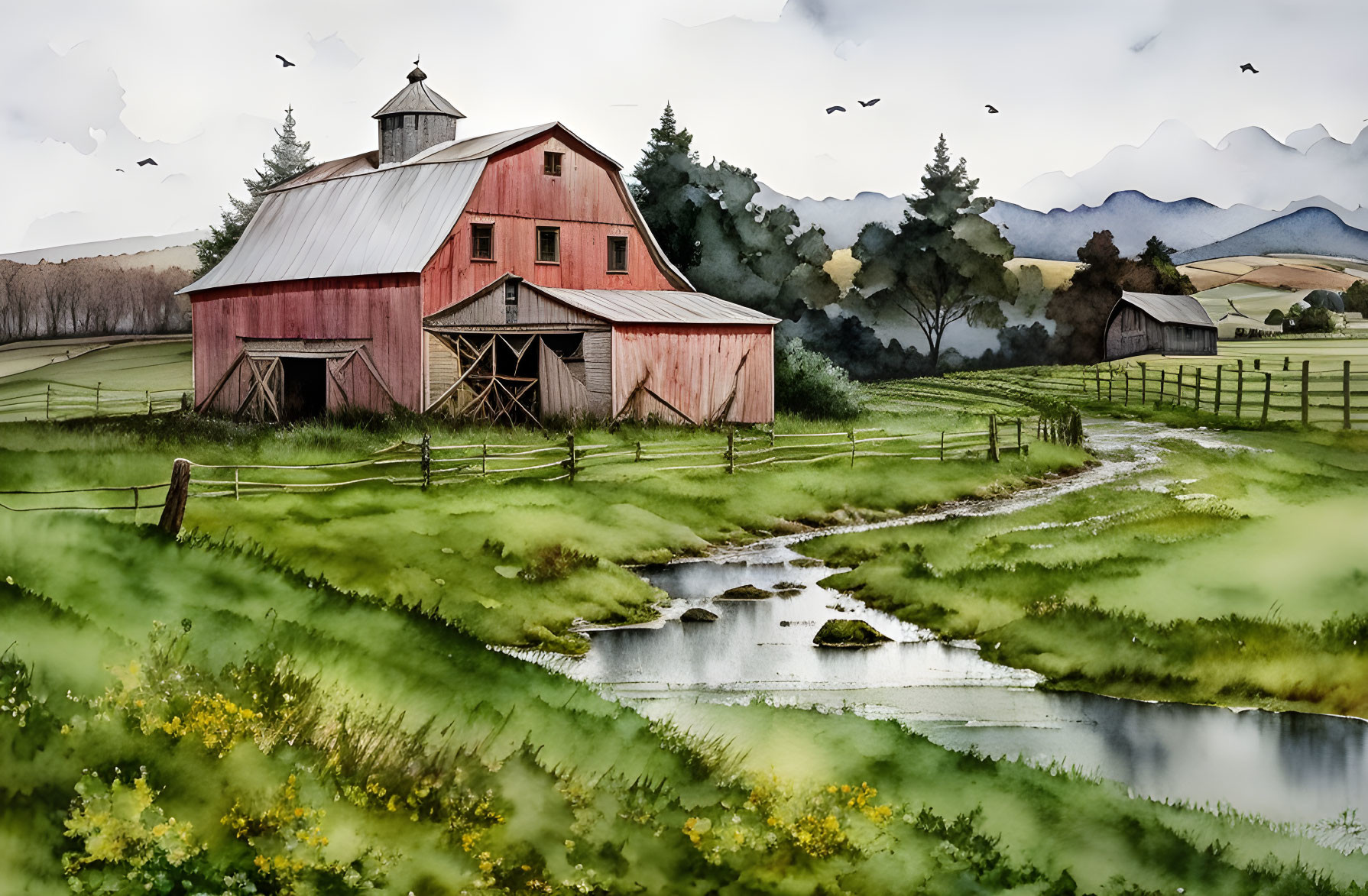 Scenic rural landscape with red barn, stream, pastures, birds, trees, and mountains