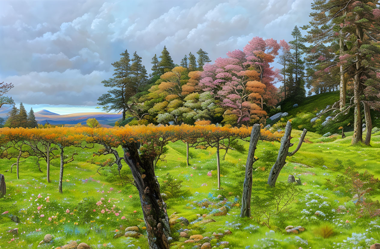 Colorful Flowering Trees in Vibrant Landscape