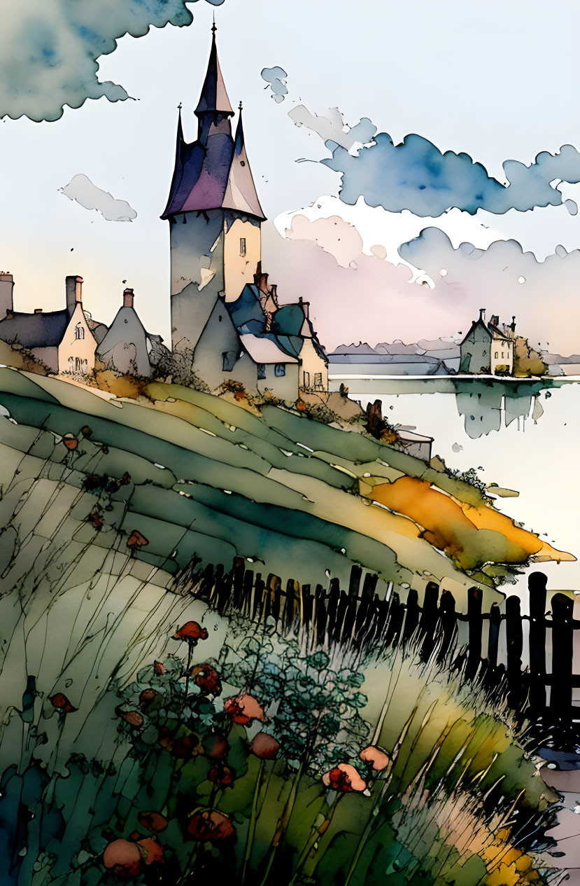 Whimsical village watercolor with church spire, colorful flora, serene waters, and cloudy sky